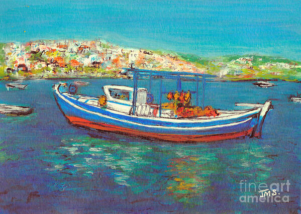  Poster featuring the painting Fishing Boat - Koroni Harbour by Jackie Sherwood