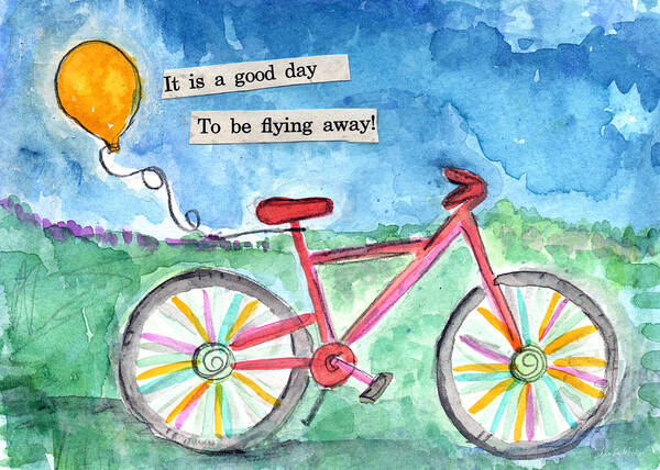 Bike Poster featuring the painting Flying Away- bicycle and balloon painting by Linda Woods