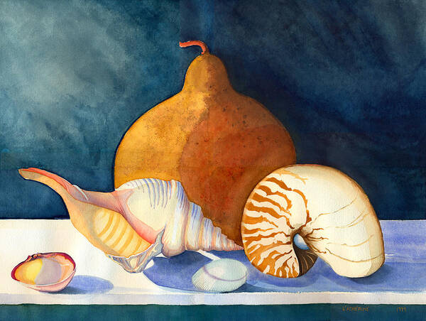 Seashells Poster featuring the painting Gourd and Shells by Katherine Miller