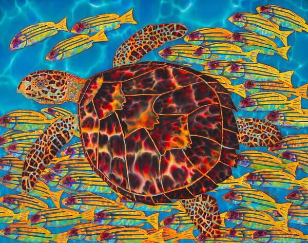 Turtle Poster featuring the painting Hawksbill Sea Turtle and Snappers by Daniel Jean-Baptiste