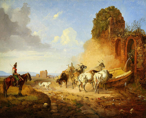 Heinrich Burkel Cattle Watering At A Fountain On The Via Appia A Tiqua Poster featuring the painting Heinrich Burkel Cattle Watering at a Fountain on the Via Appia A tiqua by MotionAge Designs