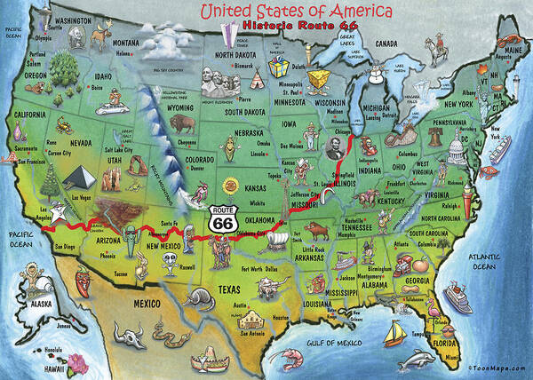 Artiest overeenkomst Omkleden Historic Route 66 Cartoon Map Poster by Kevin Middleton - Fine Art America