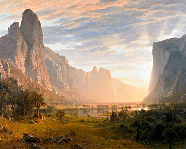 Albert Bierstadt Poster featuring the painting Looking down Yosemite Valley by Albert Bierstadt