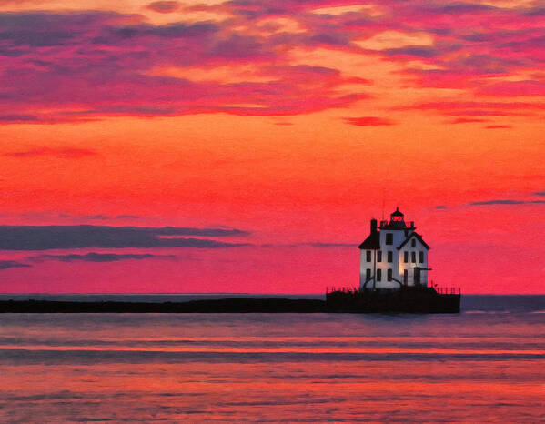 Lake Erie Poster featuring the painting Lorain Lighthouse at Sunset by Michael Pickett