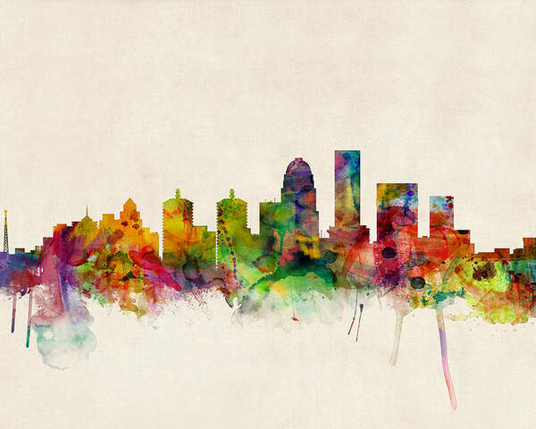 Watercolour Poster featuring the digital art Louisville Kentucky City Skyline by Michael Tompsett