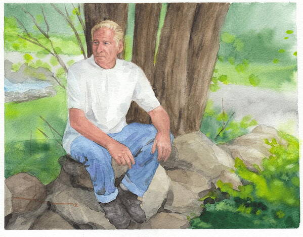 <a Href=http://miketheuer.com Target =_blank>www.miketheuer.com</a> Man On A Wall Watercolor Portrait Poster featuring the painting Man On A Wall Watercolor Portrait by Mike Theuer
