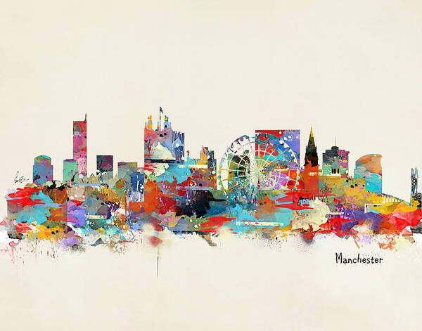 Manchester City Skyline Poster featuring the painting Manchester England Skyline by Bri Buckley