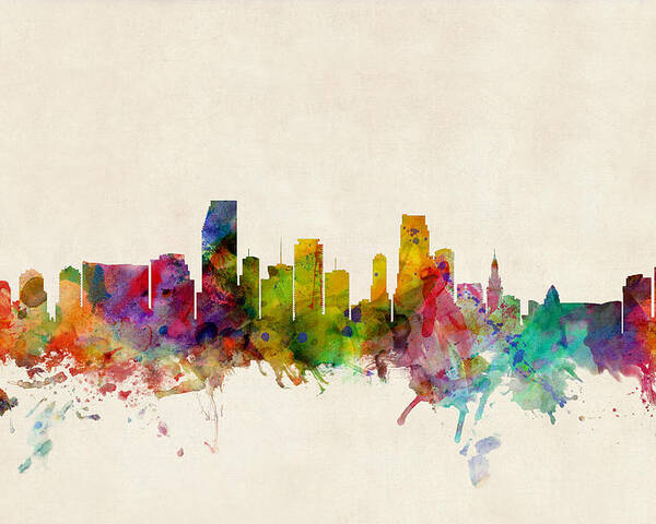 Watercolour Poster featuring the digital art Miami Florida Skyline by Michael Tompsett