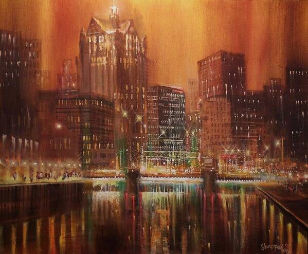 City At Night Poster featuring the painting Milwaukee River Downtown by Tom Shropshire