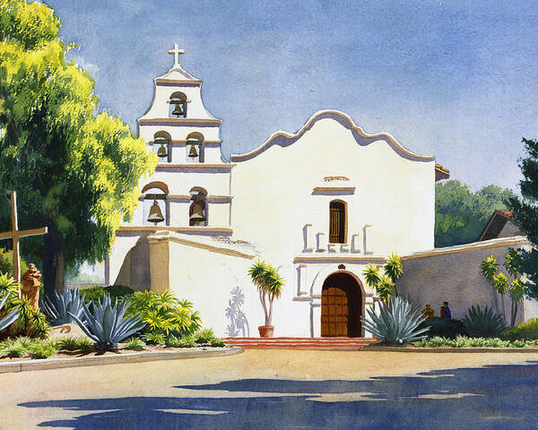 California Mission Poster featuring the painting Mission San Diego De Alcala by Mary Helmreich