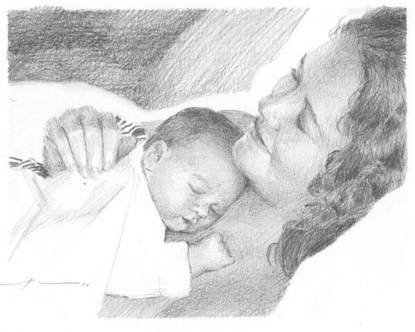 <a Href=http://miketheuer.com Target =_blank>www.miketheuer.com</a> Mom And Newborn Pencil Portrait Poster featuring the drawing Mom And Newborn Pencil Portrait by Mike Theuer