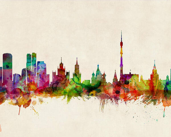 Watercolour Poster featuring the digital art Moscow Skyline by Michael Tompsett