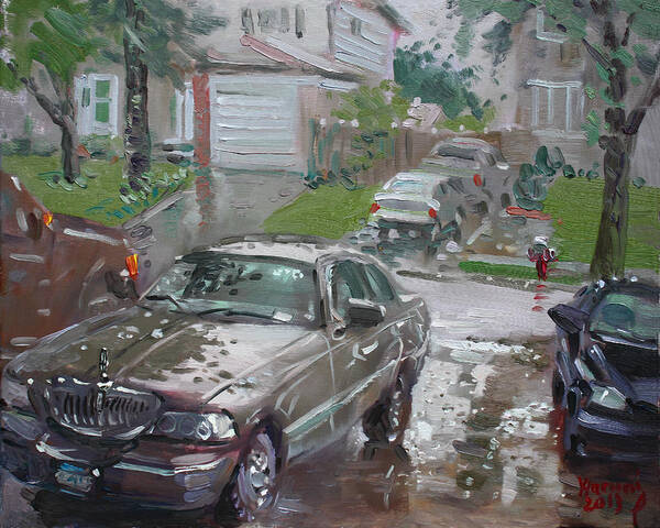 Lincoln Town Car Poster featuring the painting My Lincoln in the Rain by Ylli Haruni