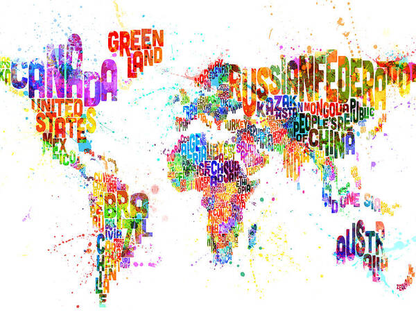 Map Of The World Poster featuring the digital art Paint Splashes Text Map of the World by Michael Tompsett