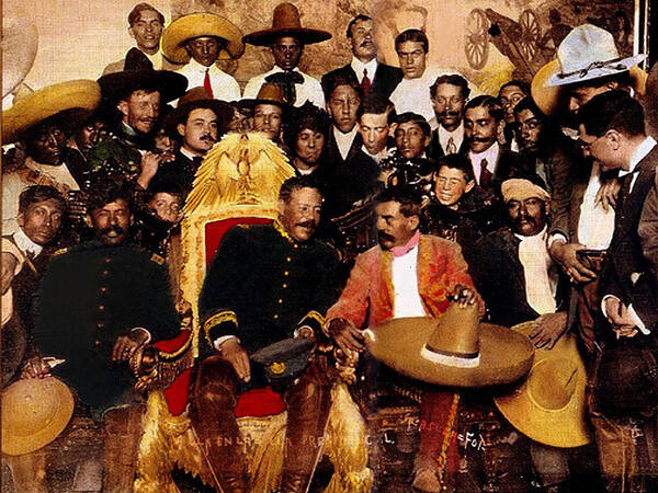 Pancho Villa in presidential chair and Emiliano Zapata palacio 