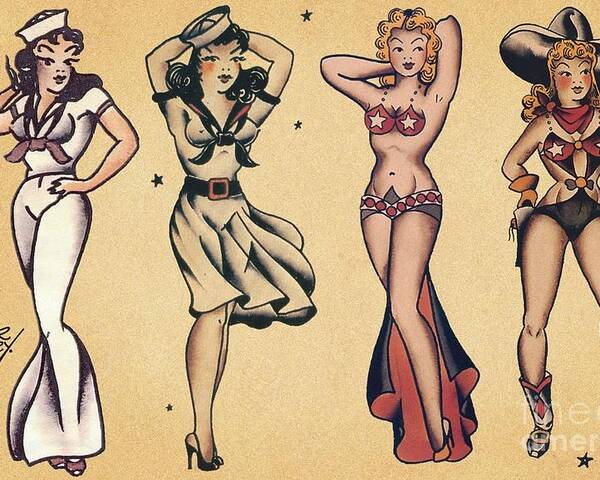 Vintage Poster featuring the photograph Pin Up Girl Tattoo Sheet by Action