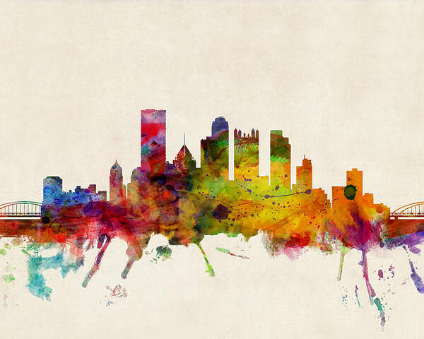 Watercolour Poster featuring the digital art Pittsburgh Pennsylvania Skyline by Michael Tompsett