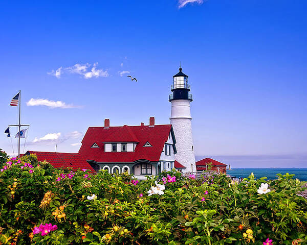 Maine Poster featuring the photograph Portland Head Light and Roses by Mitchell R Grosky