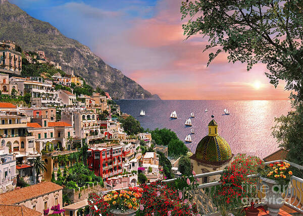 Positano Poster featuring the digital art Positano by MGL Meiklejohn Graphics Licensing
