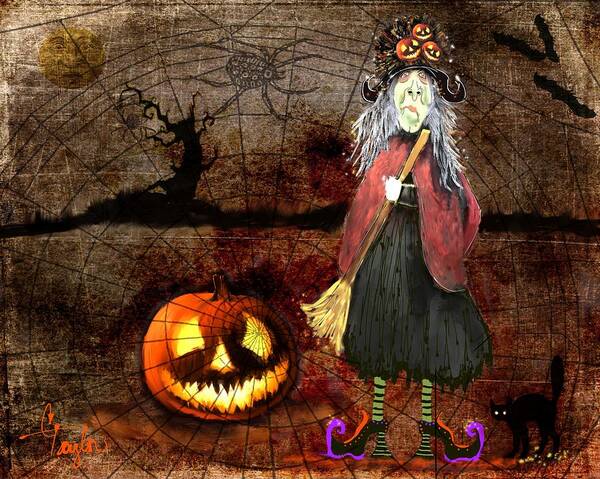 Halloween Poster featuring the painting Pumpkinella The Magical Good Witch and Her Magical Cat by Colleen Taylor