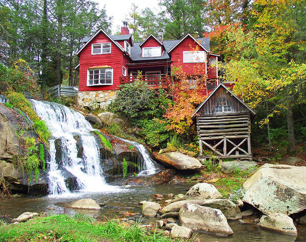Red Houses Poster featuring the photograph Red House by the Waterfall by Duane McCullough