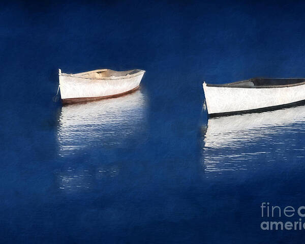 Rowboats Poster featuring the digital art Reflections on Blue by Jayne Carney