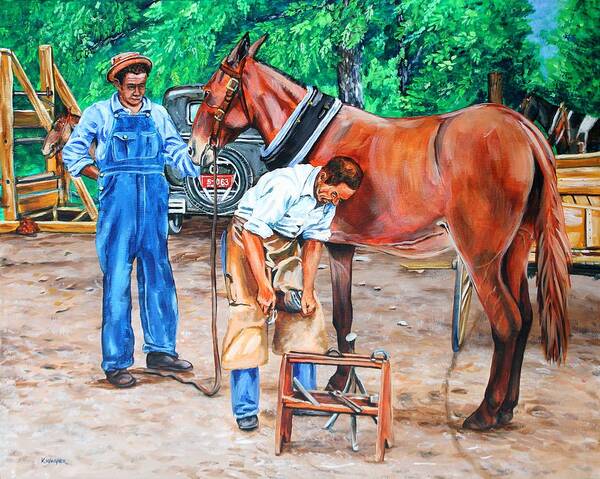 Farrier Poster featuring the painting Reshoeing the Farm Mule by Karl Wagner