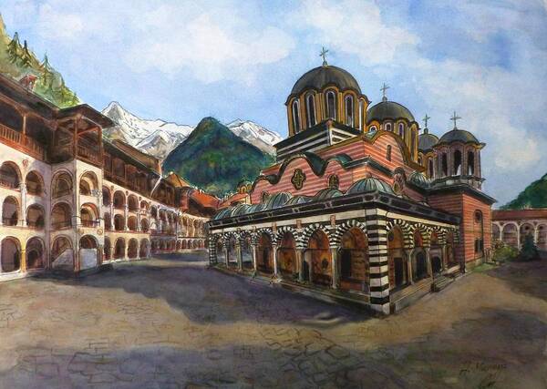 Rila Monastery Poster featuring the painting Rila Monastery Bulgaria by Henrieta Maneva