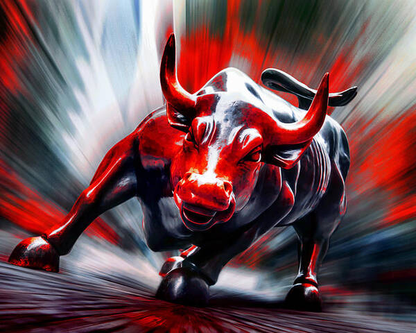 Wall Street Charging Bull In Red Poster featuring the photograph Run by Az Jackson