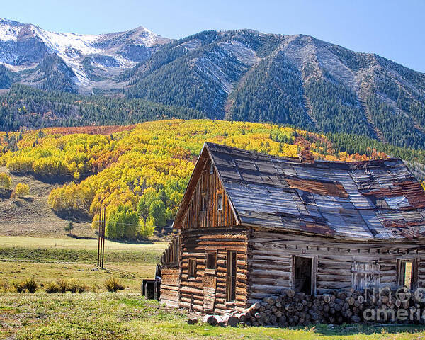 Aspens Poster featuring the photograph Rustic Rural Colorado Cabin Autumn Landscape by James BO Insogna