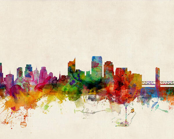 Watercolour Poster featuring the digital art Sacramento California Skyline by Michael Tompsett