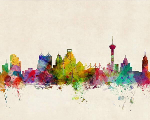 Watercolour Poster featuring the digital art San Antonio Texas Skyline by Michael Tompsett