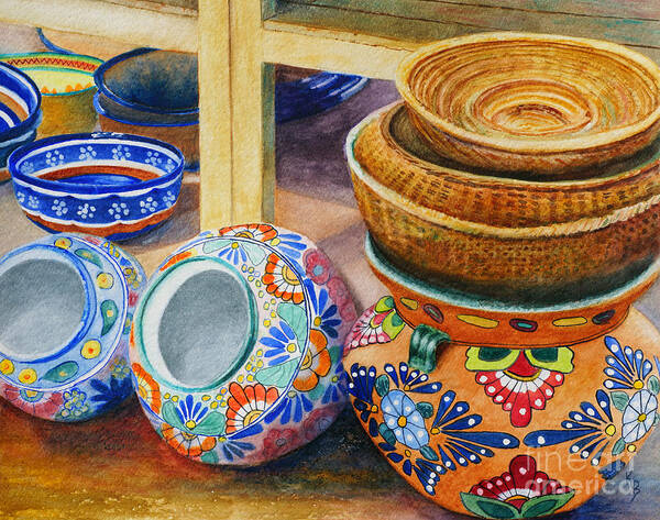 Pots Poster featuring the painting Southwestern Pots and Baskets by Karen Fleschler
