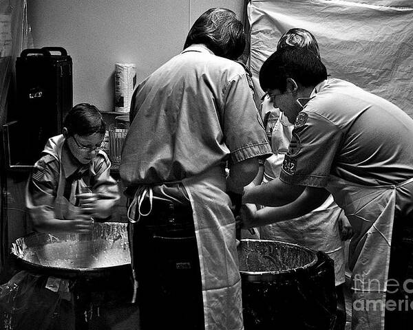 Breakfast Pancake Scouts Boyscouts Cubsouts Blackandwhite Batter Mix Whip Stir Kitchen Coffee Boys Friends Work Fundraise Horizontal America Midwest Illinois Teamwork Pentax Frank J Casella Poster featuring the photograph Scouts Pancake Breakfast by Frank J Casella