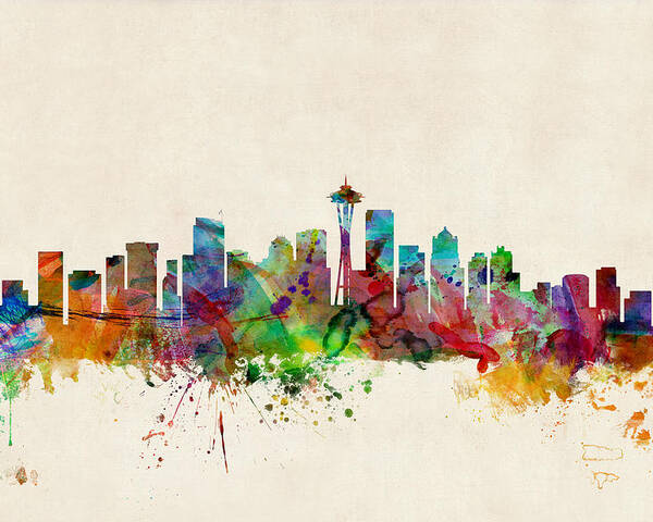 Watercolour Poster featuring the digital art Seattle Washington Skyline by Michael Tompsett