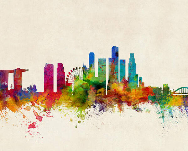 Singapore Poster featuring the digital art Singapore Skyline by Michael Tompsett