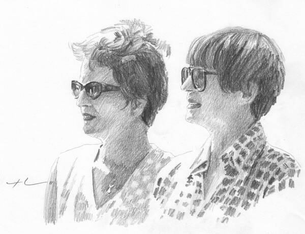 <a Href=http://miketheuer.com Target =_blank>www.miketheuer.com</a> Sisters With Sunglasses Pencil Portrait Poster featuring the drawing Sisters With Sunglasses Pencil Portrait by Mike Theuer