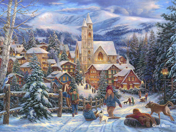 Christmas Village Poster featuring the painting Sledding to Town by Chuck Pinson