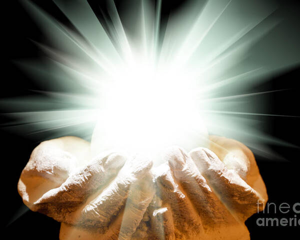 Spiritual Poster featuring the photograph Spiritual light in cupped hands on a black background by Simon Bratt