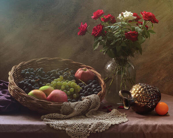 Flowers Poster featuring the photograph Still Life With Fruit And Roses by Ustinagreen