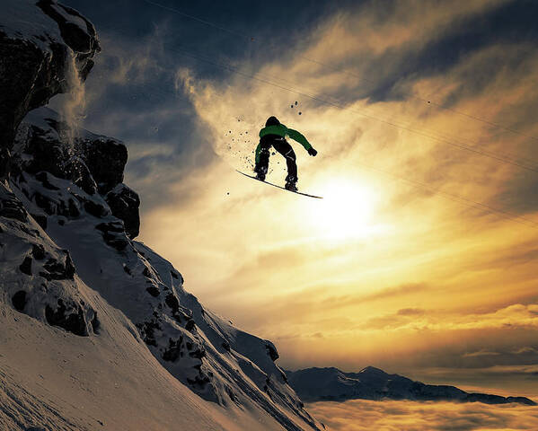 Snowboard Poster featuring the photograph Sunset Snowboarding by Jakob Sanne