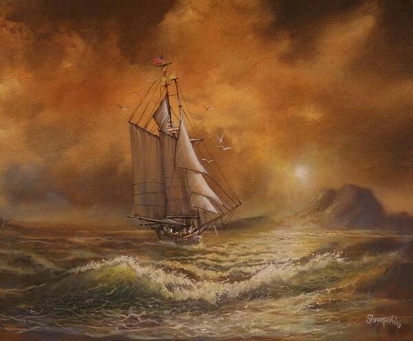 Ocean Poster featuring the painting Sunset Voyage of the James Standish by Tom Shropshire