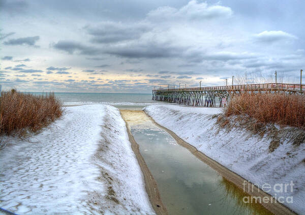 Beach Poster featuring the photograph Surfside Beach Pier Ice Storm by Kathy Baccari