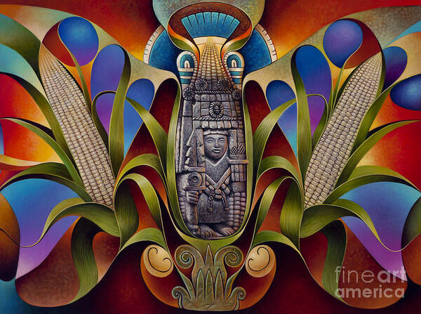 Aztec Poster featuring the painting Tapestry of Gods - Chicomecoatl by Ricardo Chavez-Mendez