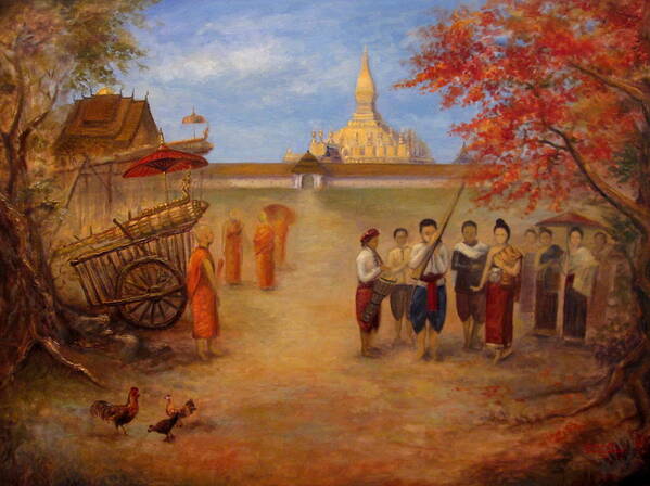 Laos Poster featuring the painting The Rocket Festival by Sompaseuth Chounlamany