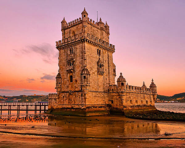 Crystal Poster featuring the photograph the tower of belem in Lisbon at sunset by Mitchell R Grosky