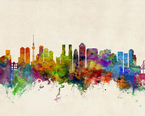 Watercolour Poster featuring the digital art Tokyo Japan Skyline by Michael Tompsett
