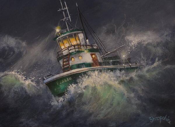  Boat Floundering Poster featuring the painting Tugboat in Trouble by Tom Shropshire