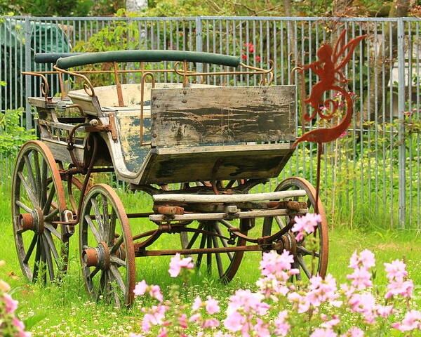 Aged Poster featuring the photograph Vintage horse carriage in a flower bed by Amanda Mohler