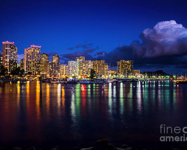 Waikiki Poster featuring the photograph Waikiki and Diamond Head at Dusk by Aloha Art